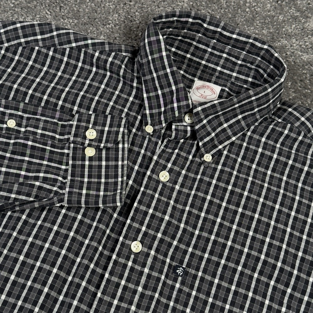 Brooks Brothers 346 Shirt Men's Large Black Gray Plaid  L/S Button Up Down